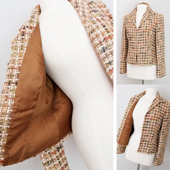 Lafayette 148 New York Tan Autumnal Wool Blend Tweed Cropped Blazer Jacket 4 - Picture 11 of 14